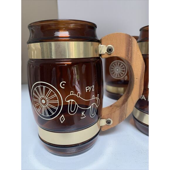 Vintage Set of 4 Siesta Ware Amber Glass Mugs Wood Handle Cowboy Barrel 12oz - Picture 4 of 5